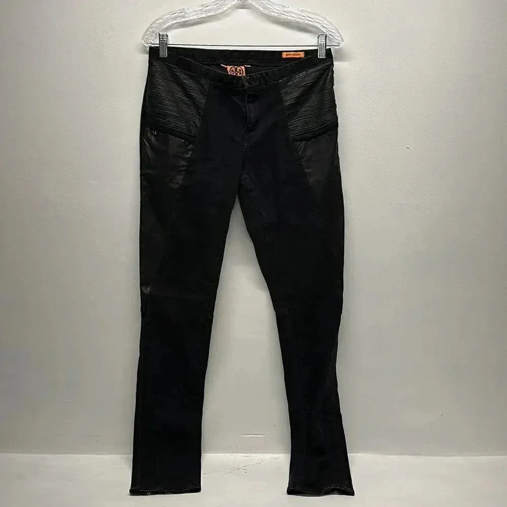 Tory Burch Denim Leggings Pants Jeans Low Rise Leather Trim Skinny Black Size 28